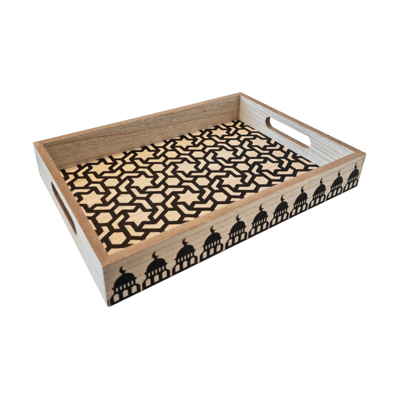 2pc Wooden Iftar Tray Set - Tea Serving Trays - Geometric Star & Mosque Silhouette