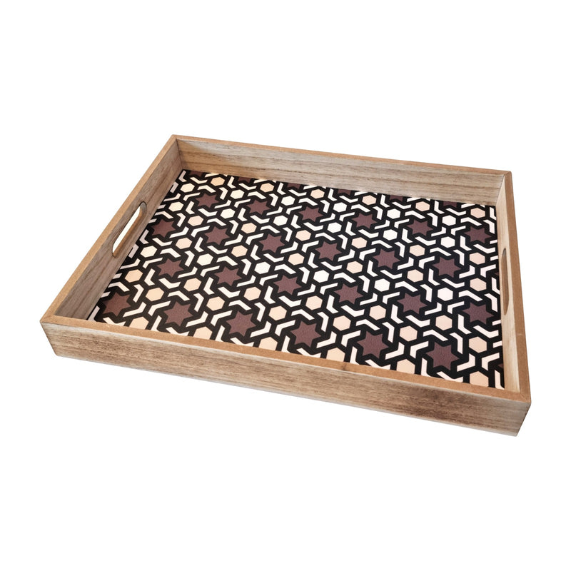 2pc Wooden Iftar Tray Set - Tea Serving Trays - Brown / Cream / White Geometric Star Pattern