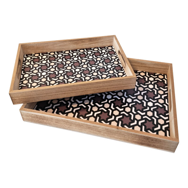 2pc Wooden Iftar Tray Set - Tea Serving Trays - Brown / Cream / White Geometric Star Pattern