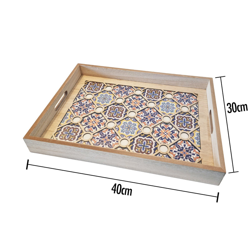 2pc Wooden Iftar Tray Set - Tea Serving Trays - Tiled Wooden Flower Inlay