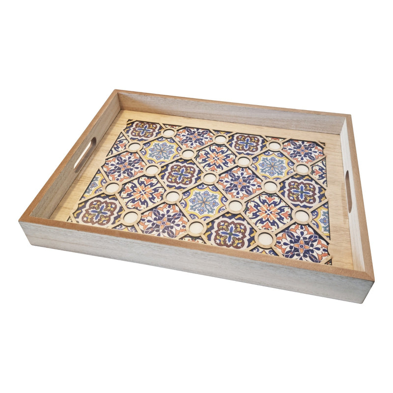 2pc Wooden Iftar Tray Set - Tea Serving Trays - Tiled Wooden Flower Inlay