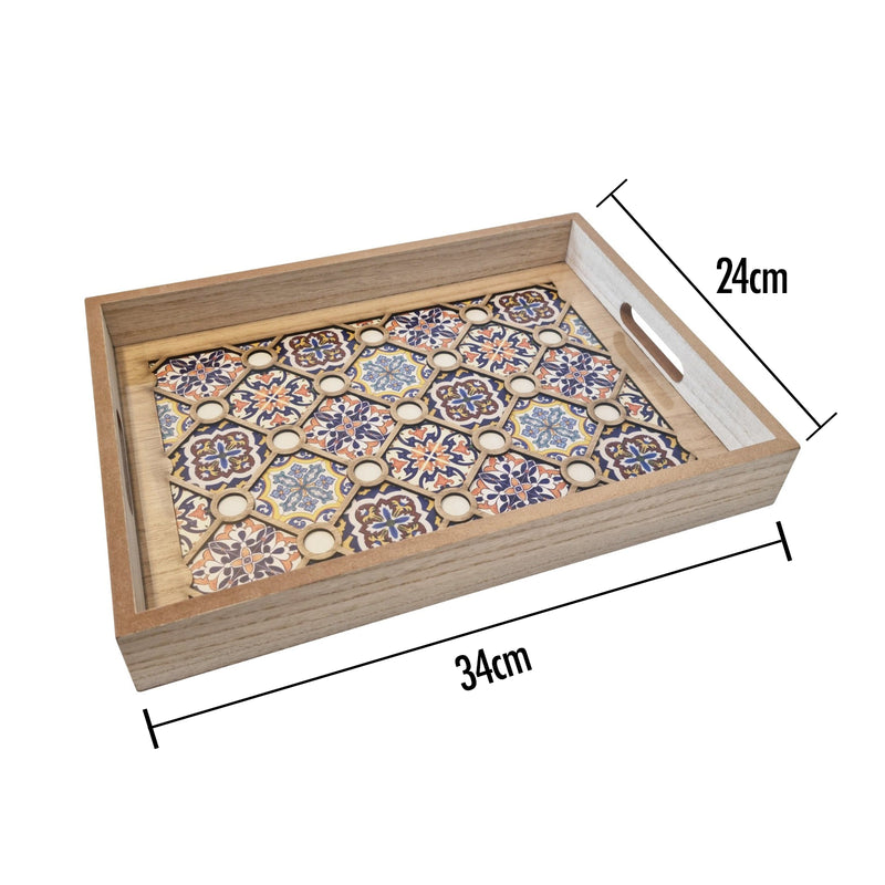 2pc Wooden Iftar Tray Set - Tea Serving Trays - Tiled Wooden Flower Inlay
