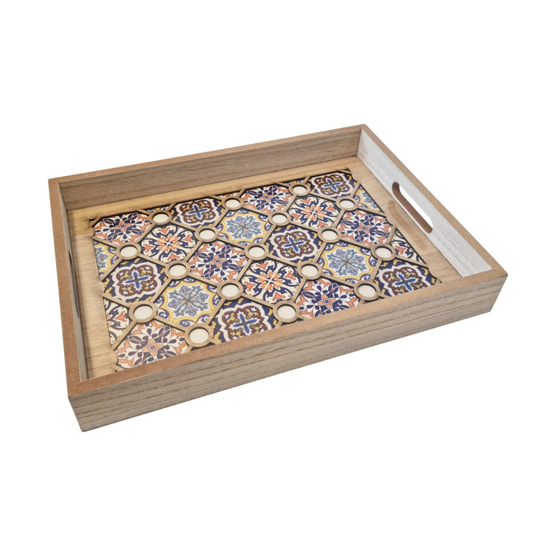 2pc Wooden Iftar Tray Set - Tea Serving Trays - Tiled Wooden Flower Inlay