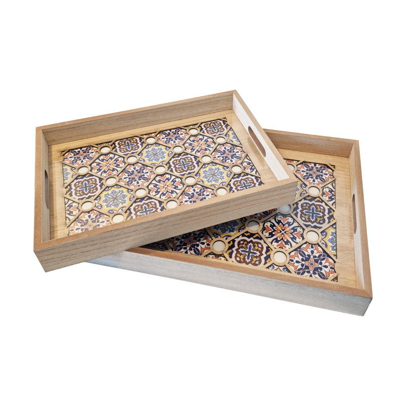 2pc Wooden Iftar Tray Set - Tea Serving Trays - Tiled Wooden Flower Inlay