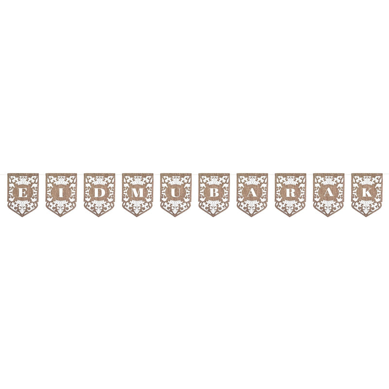 White Printed 'Eid Mubarak' Style Natural Hessian Pennant Bunting - 2m
