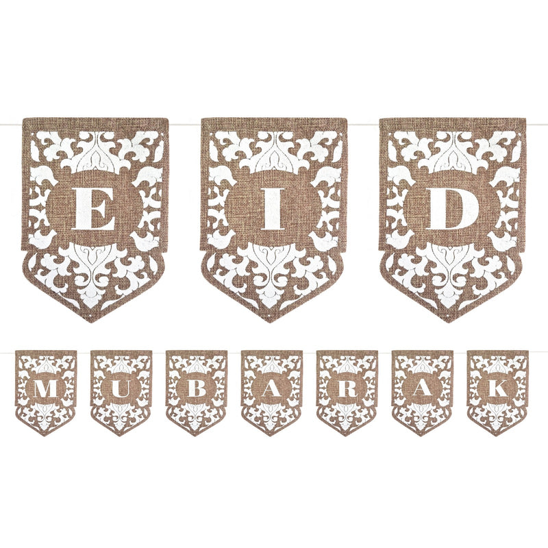White Printed 'Eid Mubarak' Style Natural Hessian Pennant Bunting - 2m