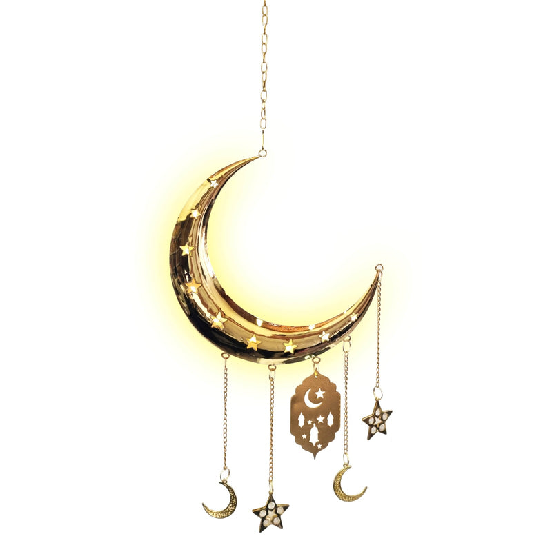 Gold Metal Hanging LED Crescent Moon w/Hanging Stars & Moons