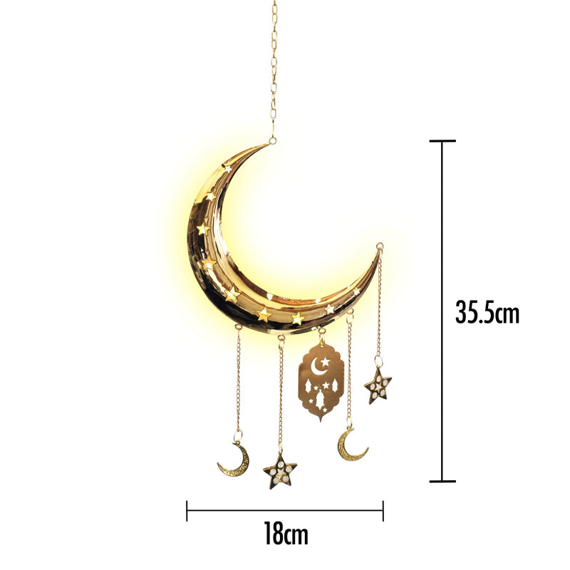 Gold Metal Hanging LED Crescent Moon w/Hanging Stars & Moons