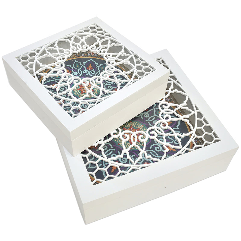 Medium & Large White & Blue Wooden Hinged Display Box w/ Clear/Mandala Window Lid