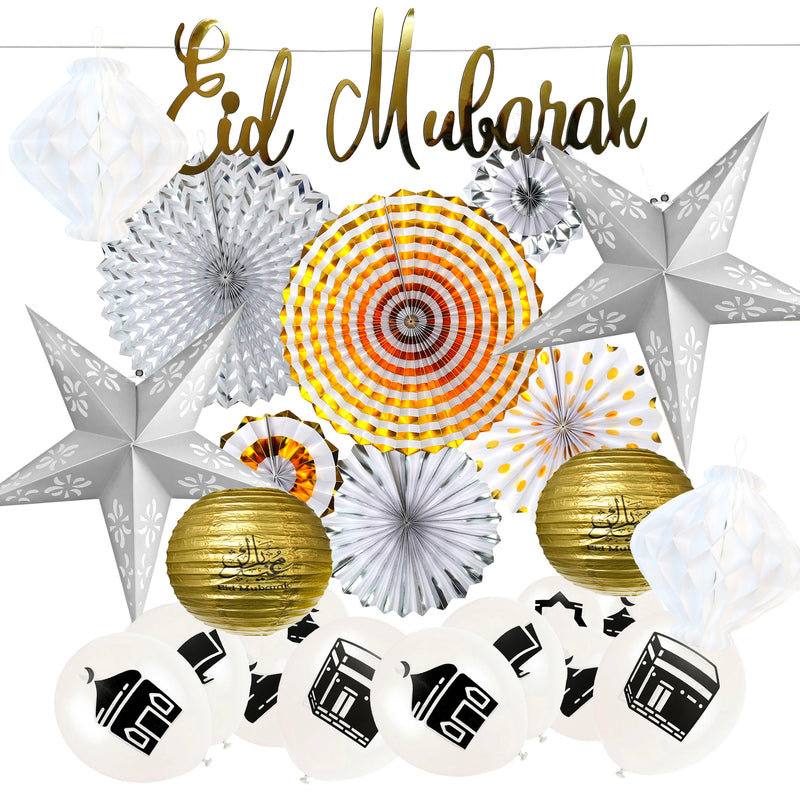 Gold Cut Out Bunting, Silver & Gold Paper Fans, Gold Paper Lanterns, White Honeycombs, Silver Stars + White Symbol Balloon Decoration SET 13