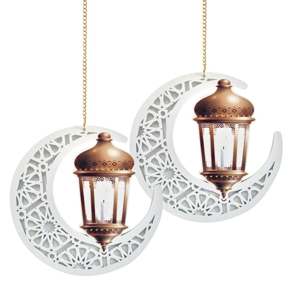 Pack of 2 White Geometric Lantern Wooden Hanging Crescent Moons