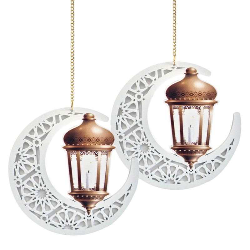Pack of 2 White Geometric Lantern Wooden Hanging Crescent Moons