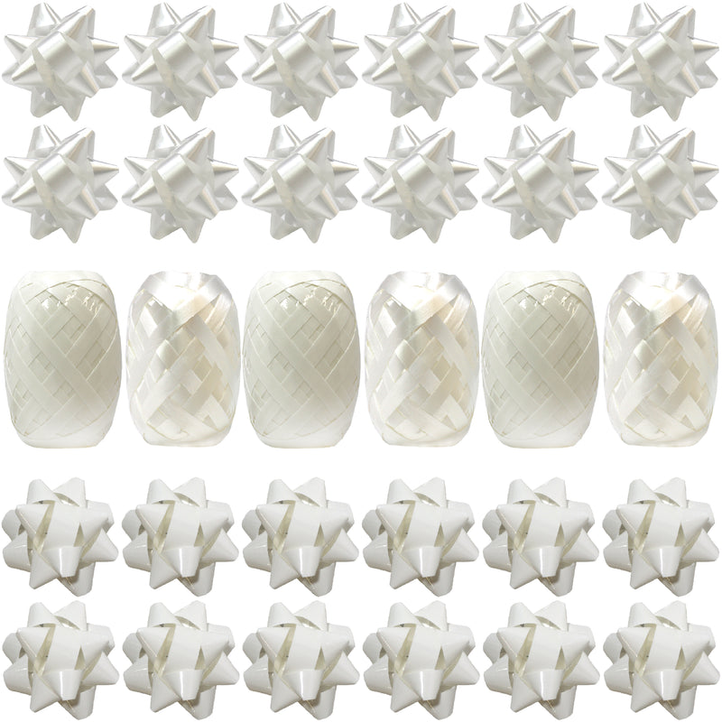 24 x White Gift Bows & 120m Ribbon Set Matte/Shiny Mini Foil Present Wrapping