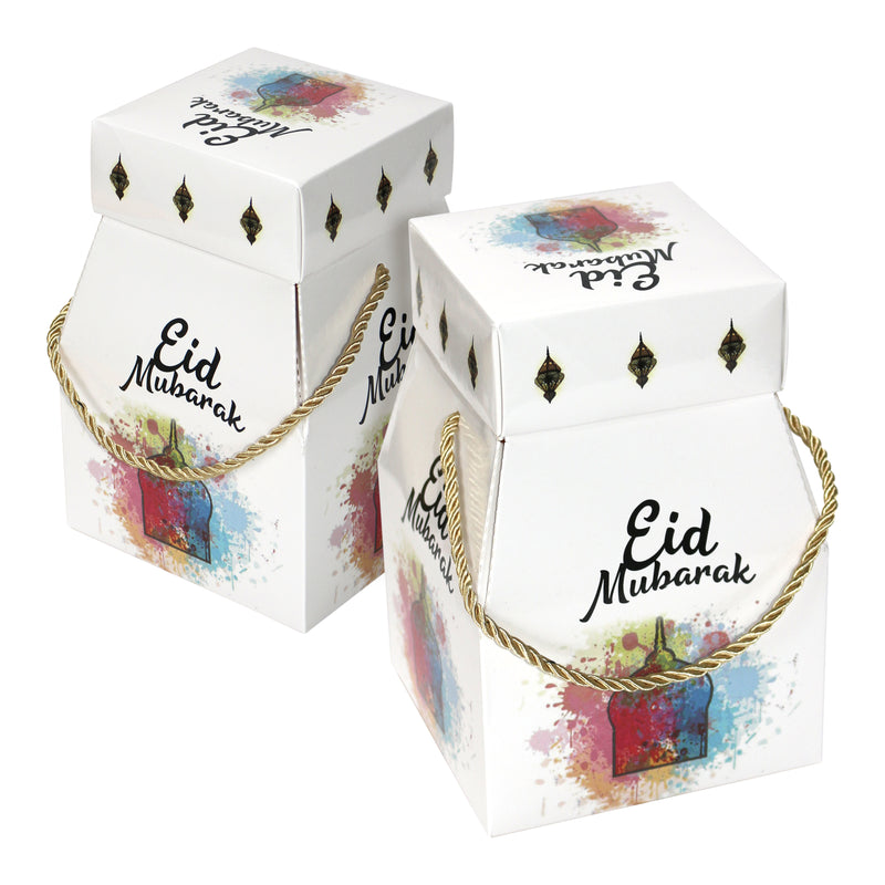 Large Eid Mubarak White Watercolour Favour Boxes with Rope Handles 12(10444-6)