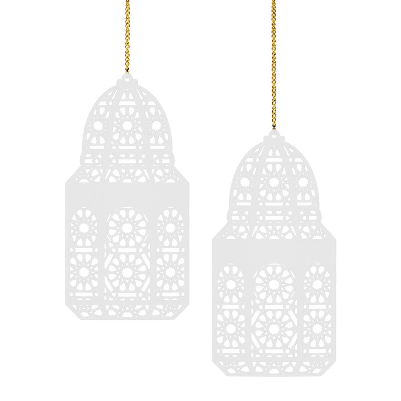 Set of 2 White Geometric Pattern Wooden Ramadan / Eid Lantern Hanging Decorations
