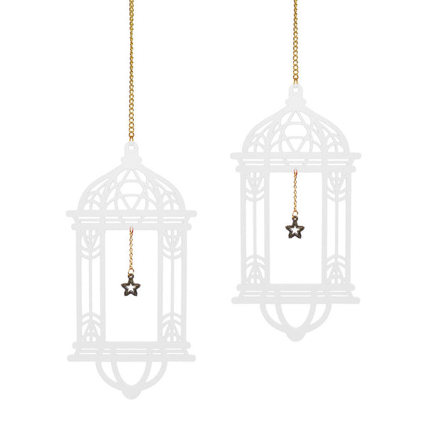 Set of 2 White Wooden Ramadan / Eid Lantern with Star Hanging Decorations