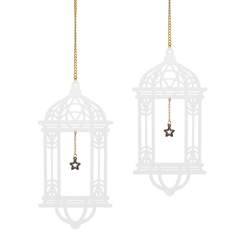 Set of 2 White Wooden Ramadan / Eid Lantern with Star Hanging Decorations