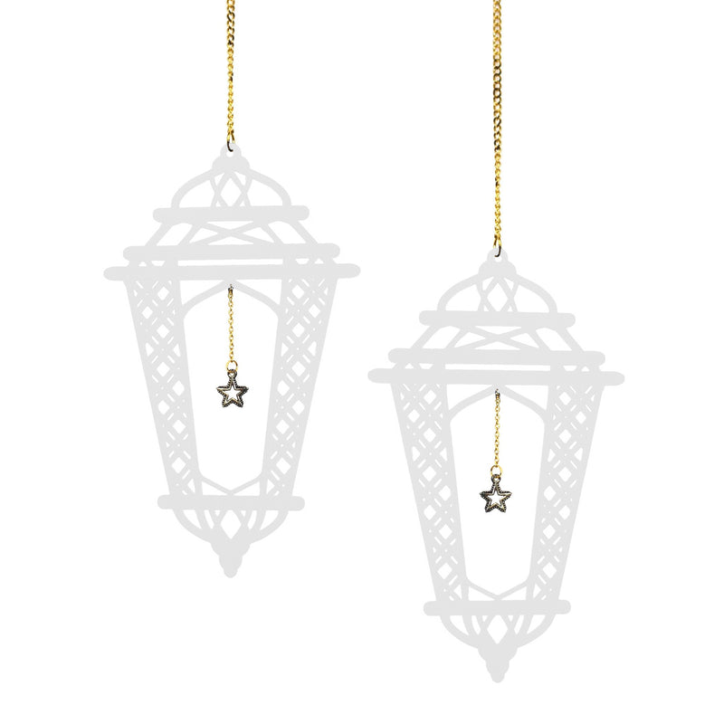 Set of 2 White Wooden Crosshatch Ramadan / Eid Lantern Hanging Decorations