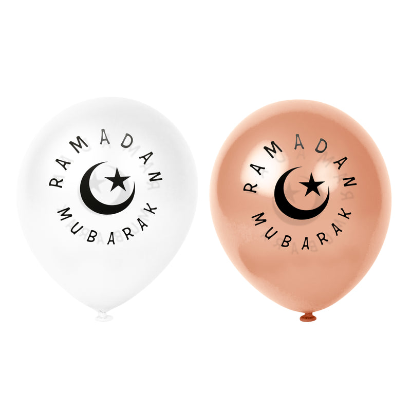 White & Rose Gold Ramadan Mubarak Moon & Star Balloons (12 Pack)