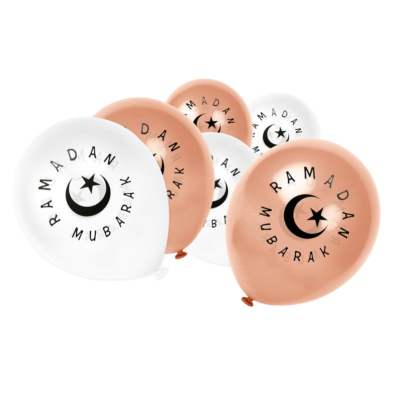 White & Rose Gold Ramadan Mubarak Moon & Star Balloons (12 Pack)