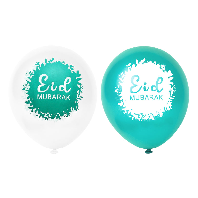 White & Teal Botanic Eid Mubarak Balloons (12 Pack)