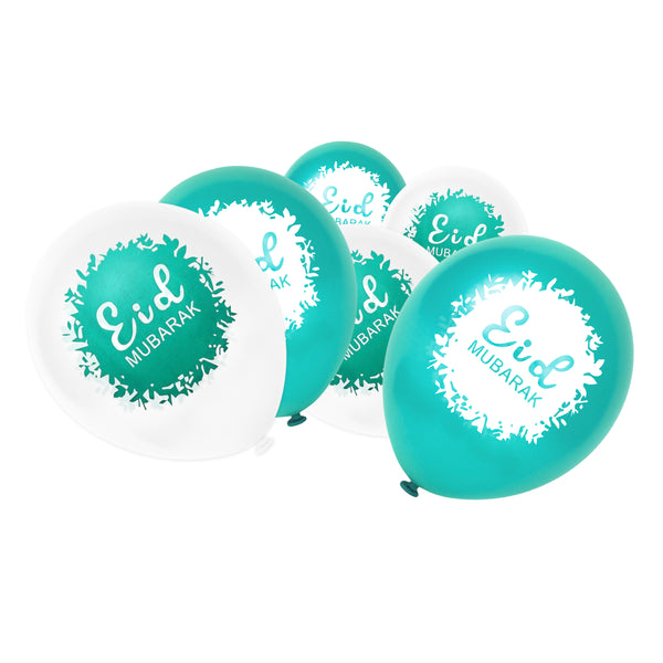 White & Teal Botanic Eid Mubarak Balloons (12 Pack)