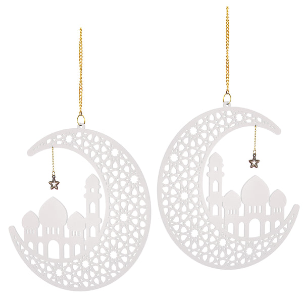 Set of 2 White Wooden Ramadan / Eid Crescent Moon & Mosque Hanging Decorations