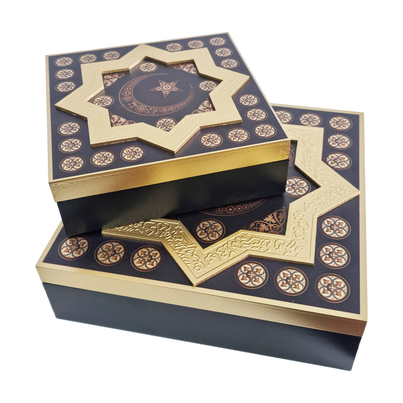 Set of 2 Wooden 8-Point Star Square Eid & Ramadan Storage Boxes (Design Sent at Random)