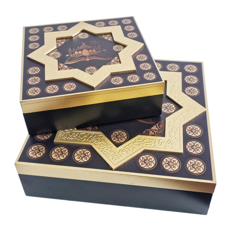 Set of 2 Wooden 8-Point Star Square Eid & Ramadan Storage Boxes (Design Sent at Random)