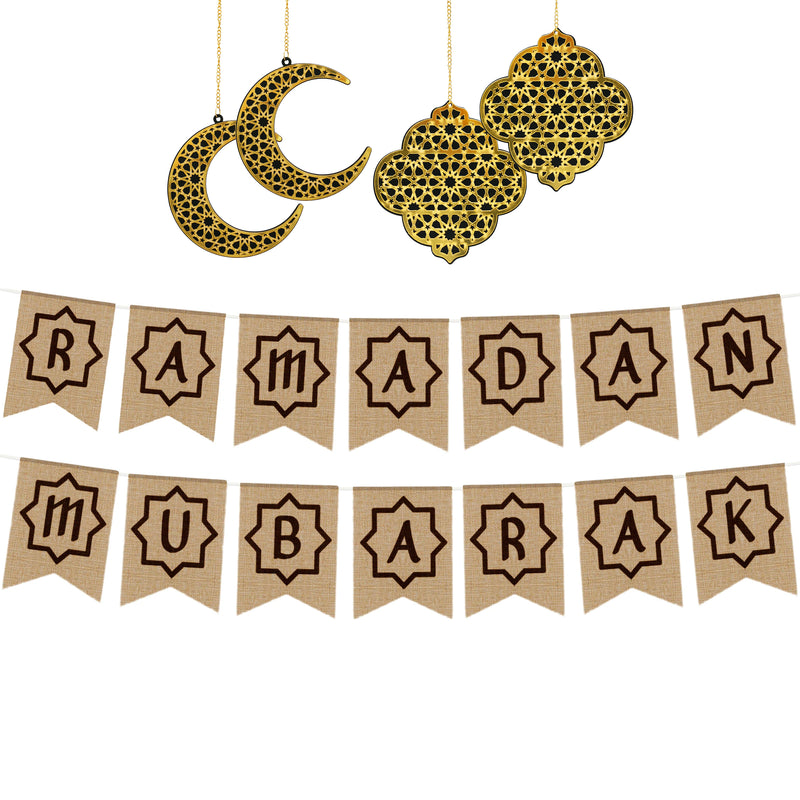 Hessian Ramadan Mubarak Bunting & 4x Moon / Star Gold Wooden Hanging Decorations Set