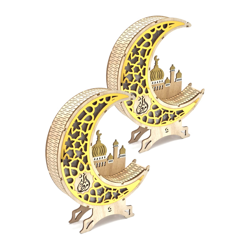Pack of 2 Gold & Natural Wooden Cut Out Crescent Moon With Mosque Silhouette Table Centre Decoration