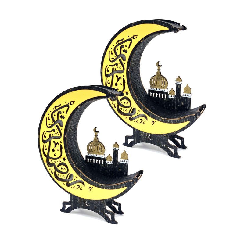 Pack of 2 Black & Gold Wooden Cut Out Crescent Moon With Mosque Silhouette Table Centre Decoration