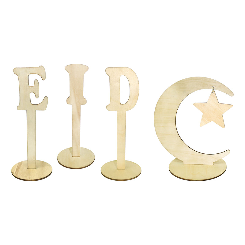 Eid Crescent Moon & Star Natural Wooden Letters Table Decoration