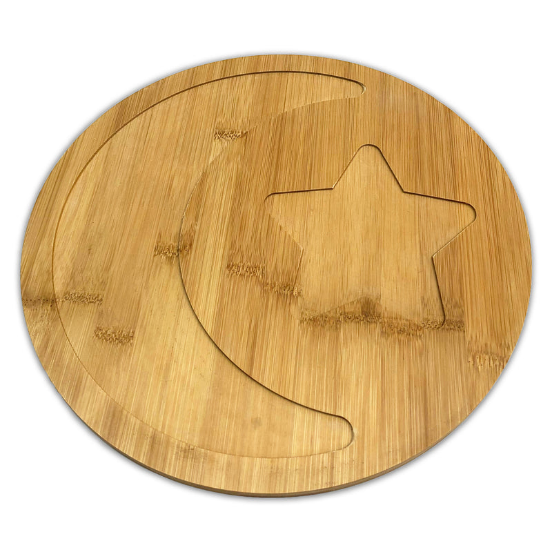 White & Natural Wood Ceramic Crescent Moon & Star Divided Snack/Treat Serving Dish