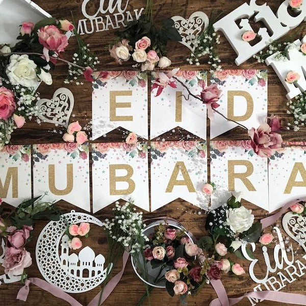 Floral Eid Mubarak Gold Lettering Card Pennant Bunting - 2 meters