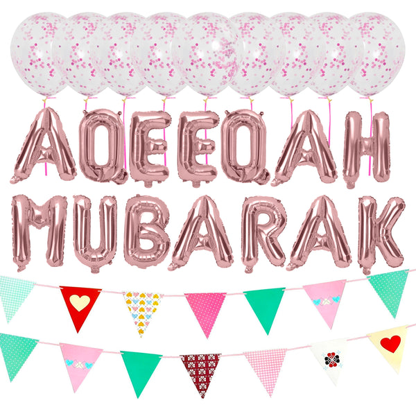 Rose Gold Foil "Aqeeqa Mubarak" Balloons w/ Pink Confetti Balloons & Playroom Bunting