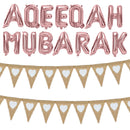 Rose Gold Foil "Aqeeqa Mubarak" Balloons w/ Hessian Heart Bunting