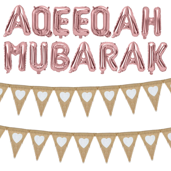 Rose Gold Foil "Aqeeqa Mubarak" Balloons w/ Hessian Heart Bunting