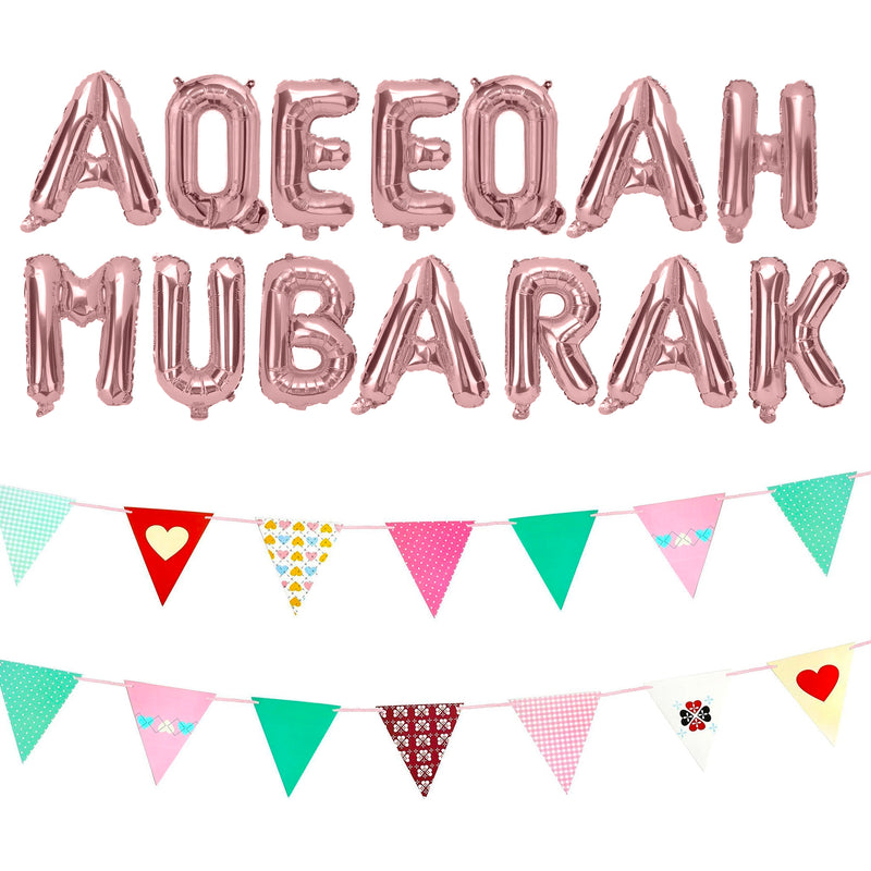 Rose Gold Foil "Aqeeqa Mubarak" Balloons w/ Pink Playroom Bunting