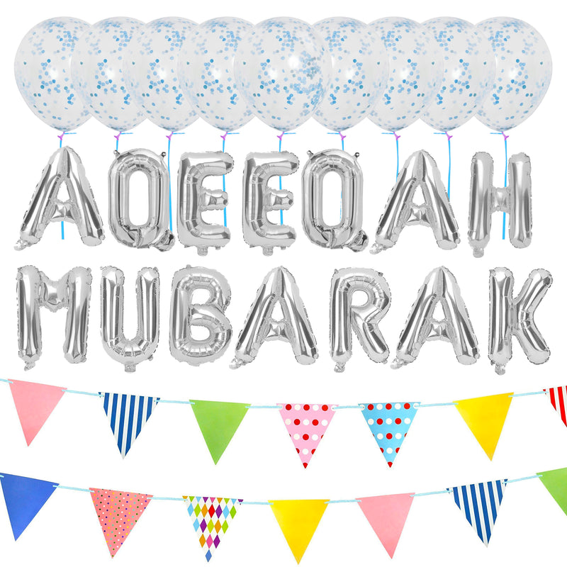 Silver Foil "Aqeeqa Mubarak" Balloons w/ Blue Confetti Balloons & Playroom Bunting