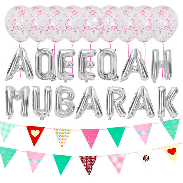 Silver Foil "Aqeeqa Mubarak" Balloons w/ Pink Confetti Balloons & Playroom Bunting