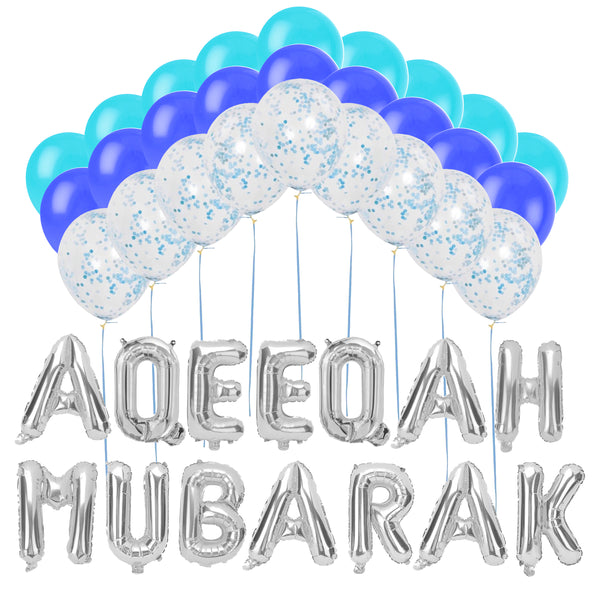 Silver Foil "Aqeeqa Mubarak" Balloons w/ Blue Confetti Balloons, Dark & Light Blue Balloons