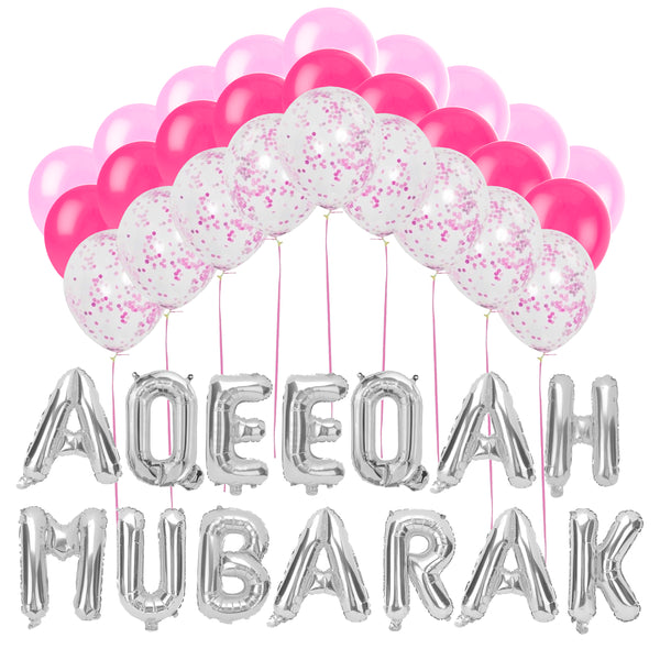 Silver Foil "Aqeeqa Mubarak" Balloons w/ Pink Confetti Balloons, Dark & Light Pink Balloons