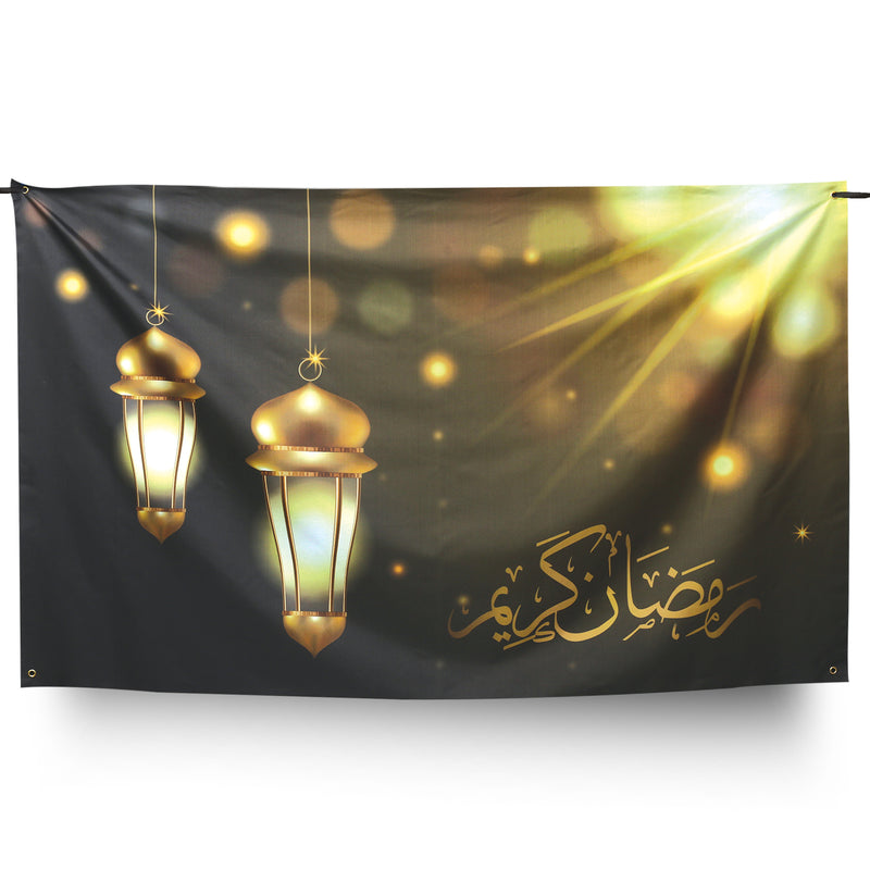 Black & Gold Ramadan Hanging Lantern Ripstop Backdrop w/ Hanging String (180cm x 110cm)