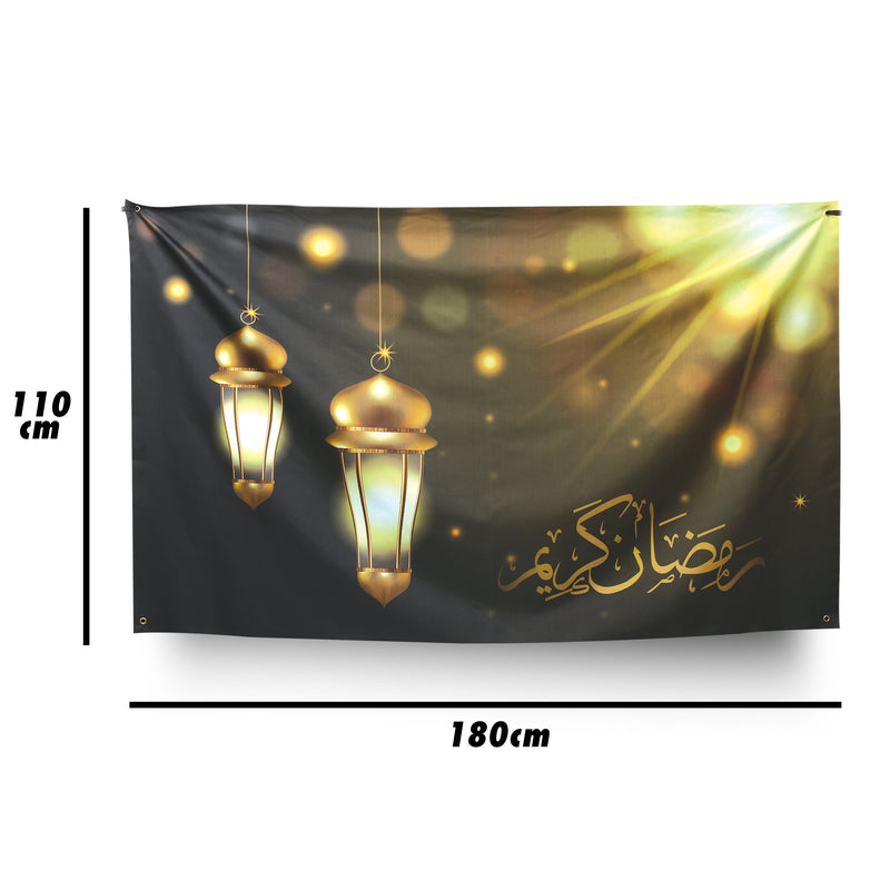 Black & Gold Ramadan Hanging Lantern Ripstop Backdrop w/ Hanging String (180cm x 110cm)