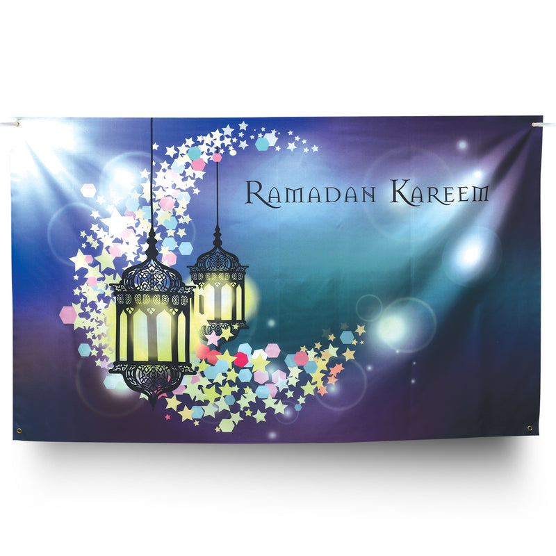 Purple & Blue Ramadan Kareem Hanging Lantern Ripstop Backdrop w/ Hanging String (180cm x 110cm)