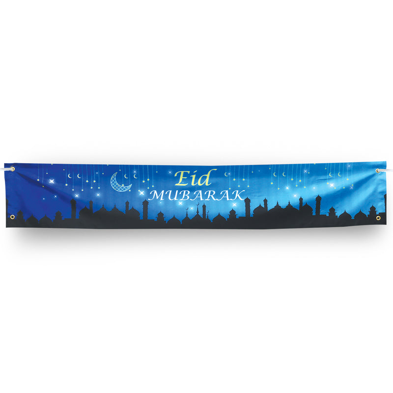 Blue Skyline Eid Mubarak Hanging Lantern Ripstop Banner Sign w/ Hanging String (180cm x 30cm)