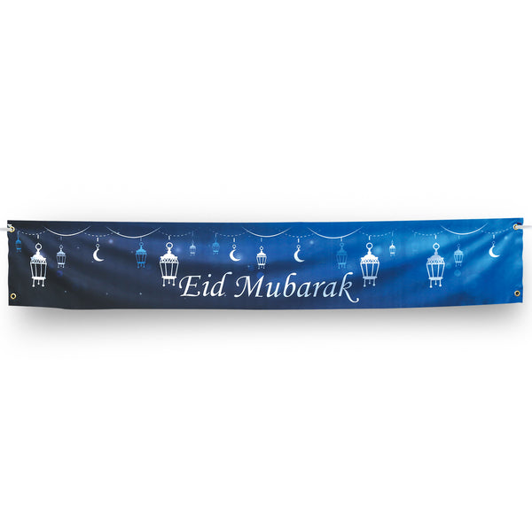 Blue Lantern Eid Mubarak Hanging Lantern Ripstop Banner Sign w/ Hanging String (180cm x 30cm)