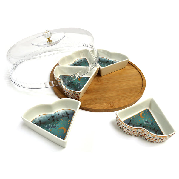 Wooden & Ceramic Ramadan Iftar Tableware Set - 6 Ceramic Dish with Wooden Display Tray - Teal Camel
