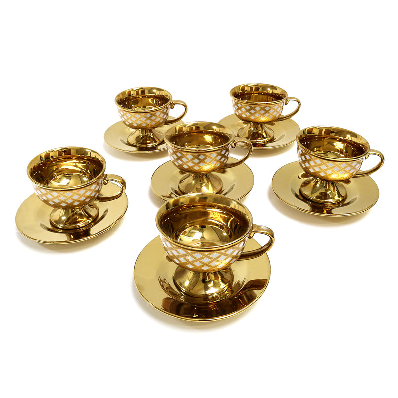 Set of 6 Golden Ceramic Eid / Ramadan Cups & Saucers - Gold Cross Pattern(XJ501-10)